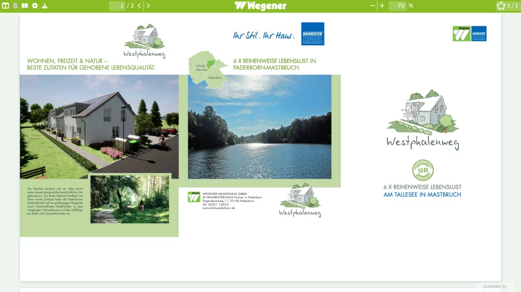A real estate exposé page for the Westphalenweg project by Wegener and Baumeister Haus, shown in the Viewnamic viewer. The page includes a house rendering, nature and lake photos, a location graphic for Paderborn Mastbruch and project branding.