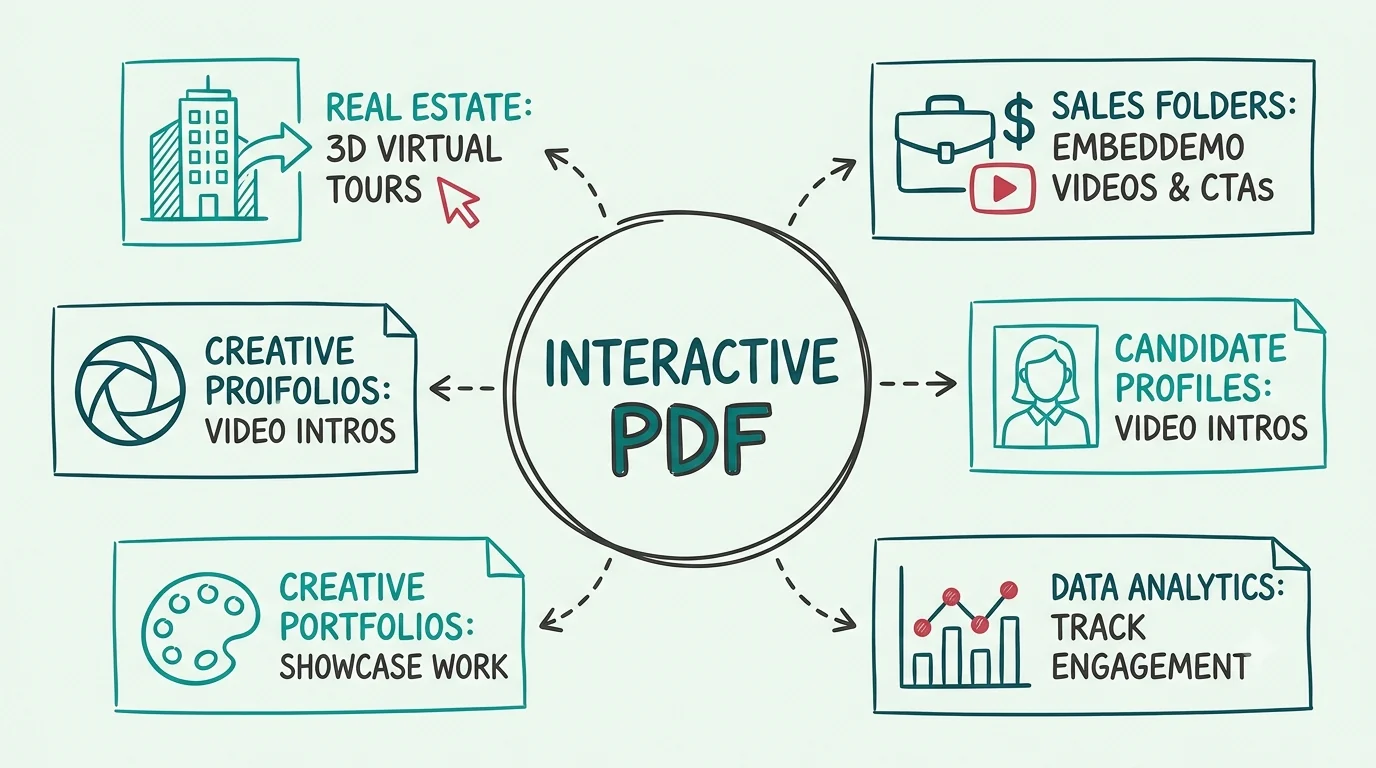 A hand-drawn style mind map illustrating various business use cases for an interactive PDF, including real estate virtual tours, sales folders, candidate profiles, and data analytics.