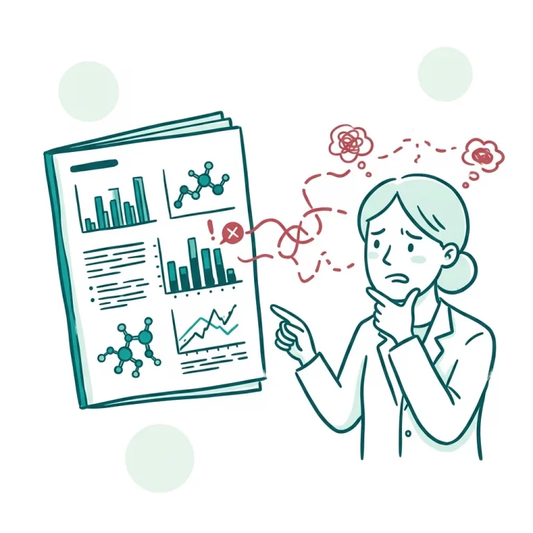 Illustration of a frustrated researcher pointing at a static scientific document with complex charts, accompanied by tangled red lines that symbolize confusion.