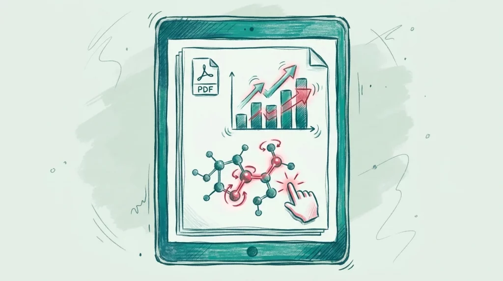 Hand-drawn illustration of an interactive PDF report on a tablet, featuring a bar chart with an upward trend, a molecular structure, and a hand cursor.