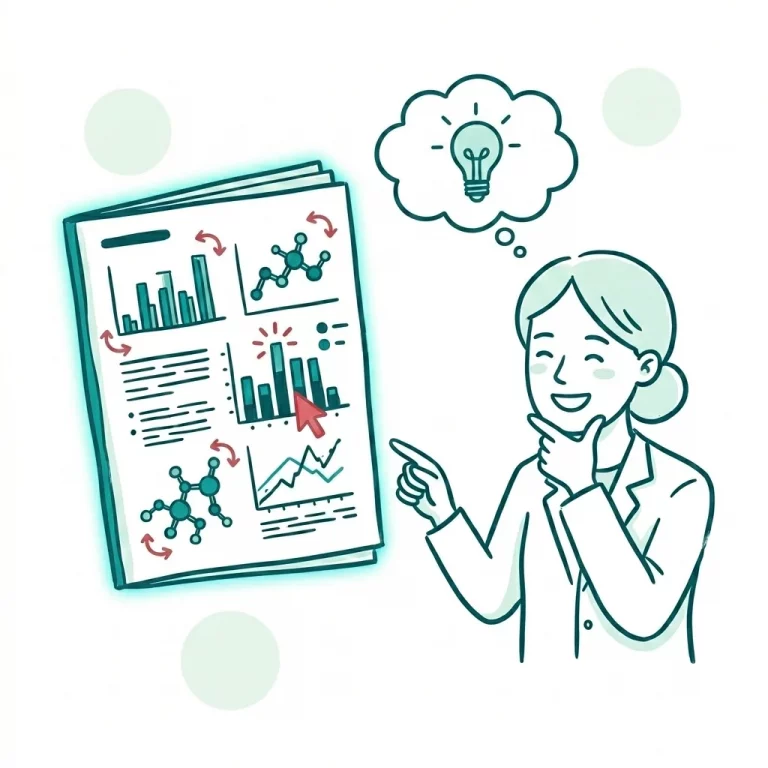 Illustration of a smiling researcher pointing at an interactive scientific document with clickable charts, accompanied by a lightbulb thought bubble symbolizing clear understanding.