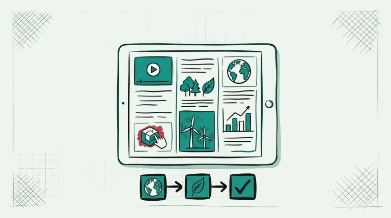 Tablet mit einem interaktiven Nachhaltigkeitsbericht: Video, Diagramme, Windräder und ein klickbares 3D-Element.