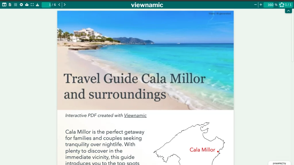 Screenshot of an interactive travel guide for Cala Millor displayed in the Viewnamic web viewer.