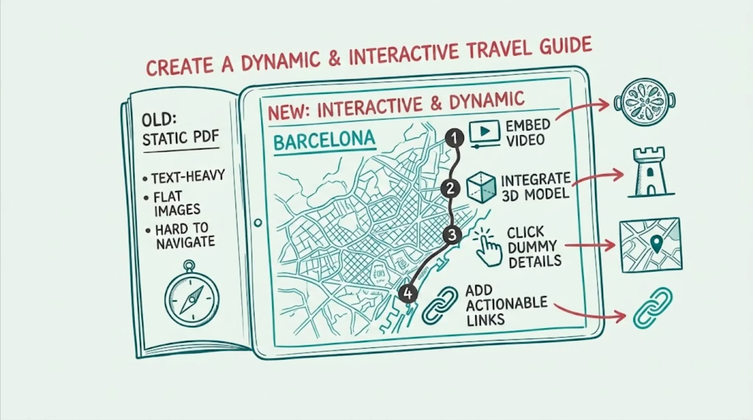 Hand-drawn schematic comparing an old static PDF to a new interactive travel guide for Barcelona, highlighting features like embedded videos, 3D models, and click dummies.