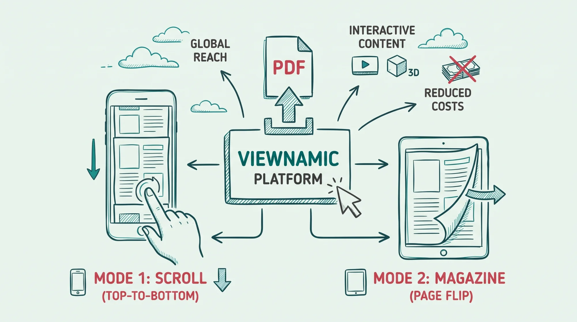 Schematic illustration explaining the Viewnamic digital publishing platform, showing a PDF upload branching into Scroll Mode on a smartphone and Magazine Mode on a tablet, alongside icons for global reach, interactive content, and reduced costs.