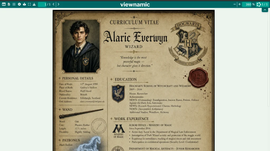 Interactive CV in a wizard theme in the Viewnamic viewer: a portrait next to sections for personal details, education and work experience.