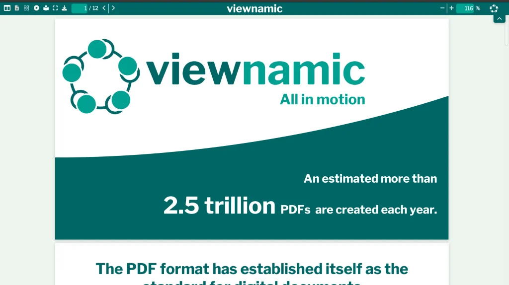 The Viewnamic pitch deck in the viewer: the title slide with the Viewnamic logo, the claim “All in motion” and the note that more than 2.5 trillion PDFs are created each year.