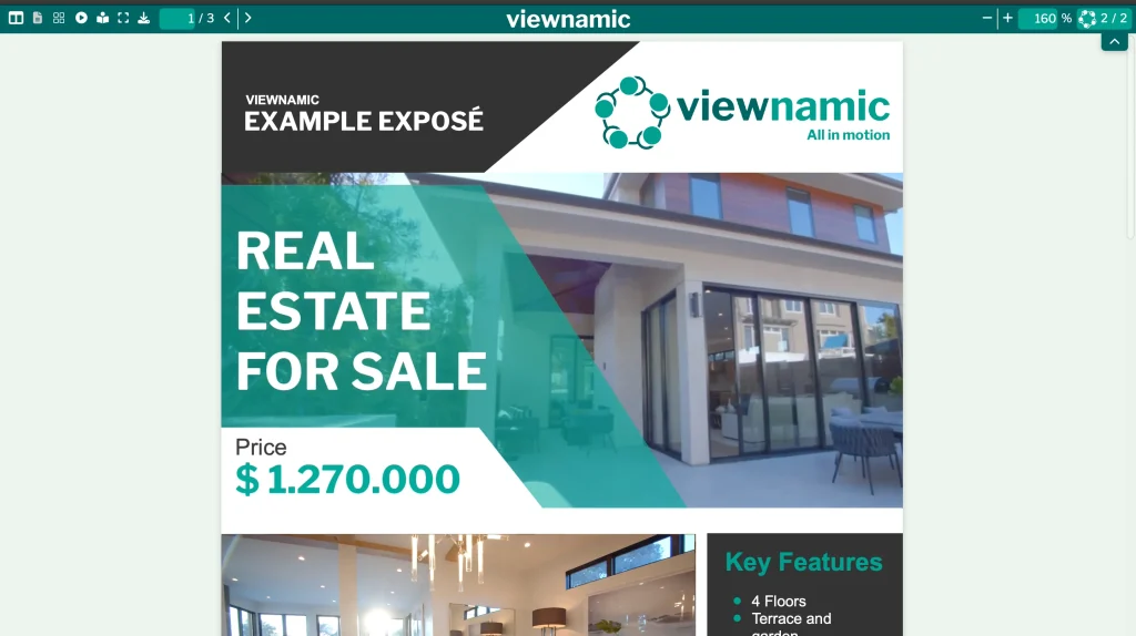 The Viewnamic sample exposé in the viewer: the cover “Real estate for sale” with a photo of a modern house and the price.