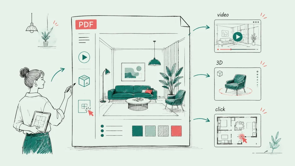 Illustration of an interactive interior design concept: a living room on a PDF page with a video, a 3D chair and a clickable floor plan.