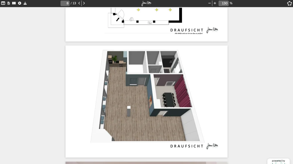 Yoga studio design concept by Jana Uthe Interior Design in a branded viewer: a 3D top view of the studio’s rooms.