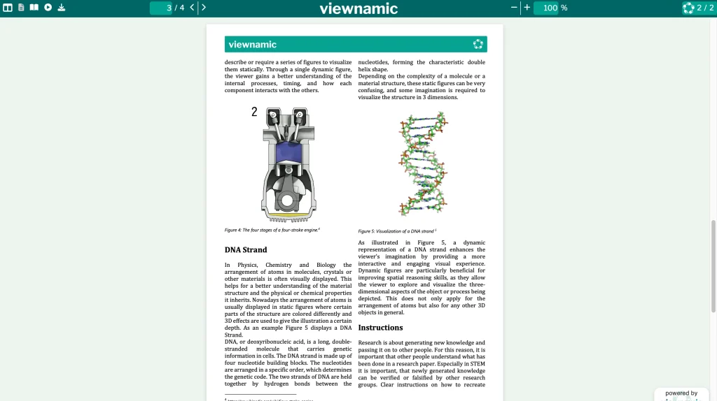 A page of the science paper in the Viewnamic viewer with figures of a four-stroke engine and a DNA strand.
