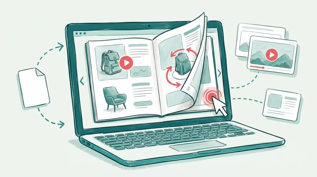 Illustration: an interactive catalogue on a laptop – a page turns, and the products come with a video, a 3D view and clickable links.