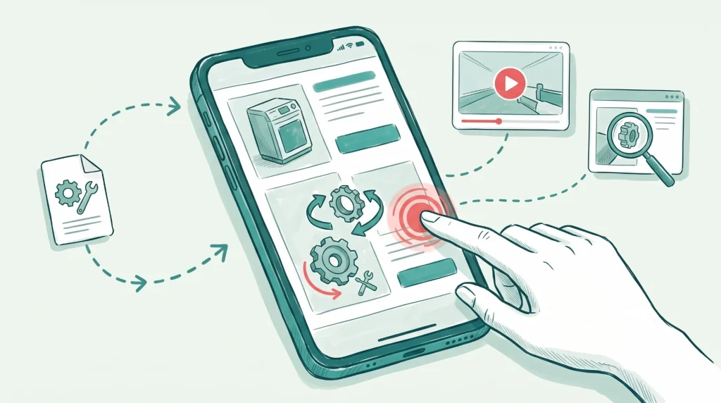 Illustration: an interactive manual on a phone – a tap opens a video, a 3D part turns and a detail is enlarged.