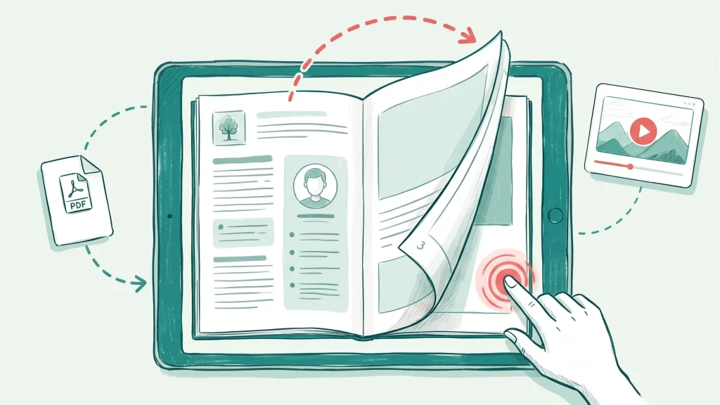 Illustration eines digitalen Magazins auf einem Tablet: Eine Seite wird mit Blättereffekt umgeblättert, daneben eine PDF-Datei und ein Video.