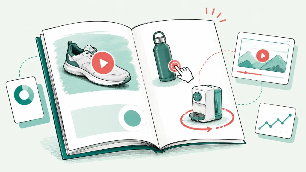 Illustration einer interaktiven Vertriebsmappe: ein Produktvideo, ein klickbares Produkt und ein drehbares 3D-Modell auf den Seiten einer aufgeschlagenen Broschüre.