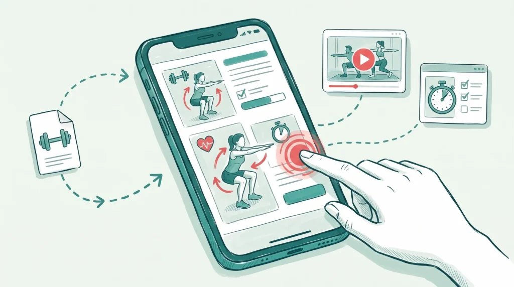Illustration: an interactive training guide on a phone – exercise videos, a timer and a checklist open with a tap.